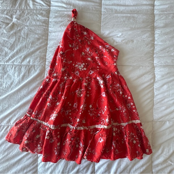Red One-Shoulder Linen Floral Mini Dress XS Free People Summer Party Festival - Picture 5 of 9